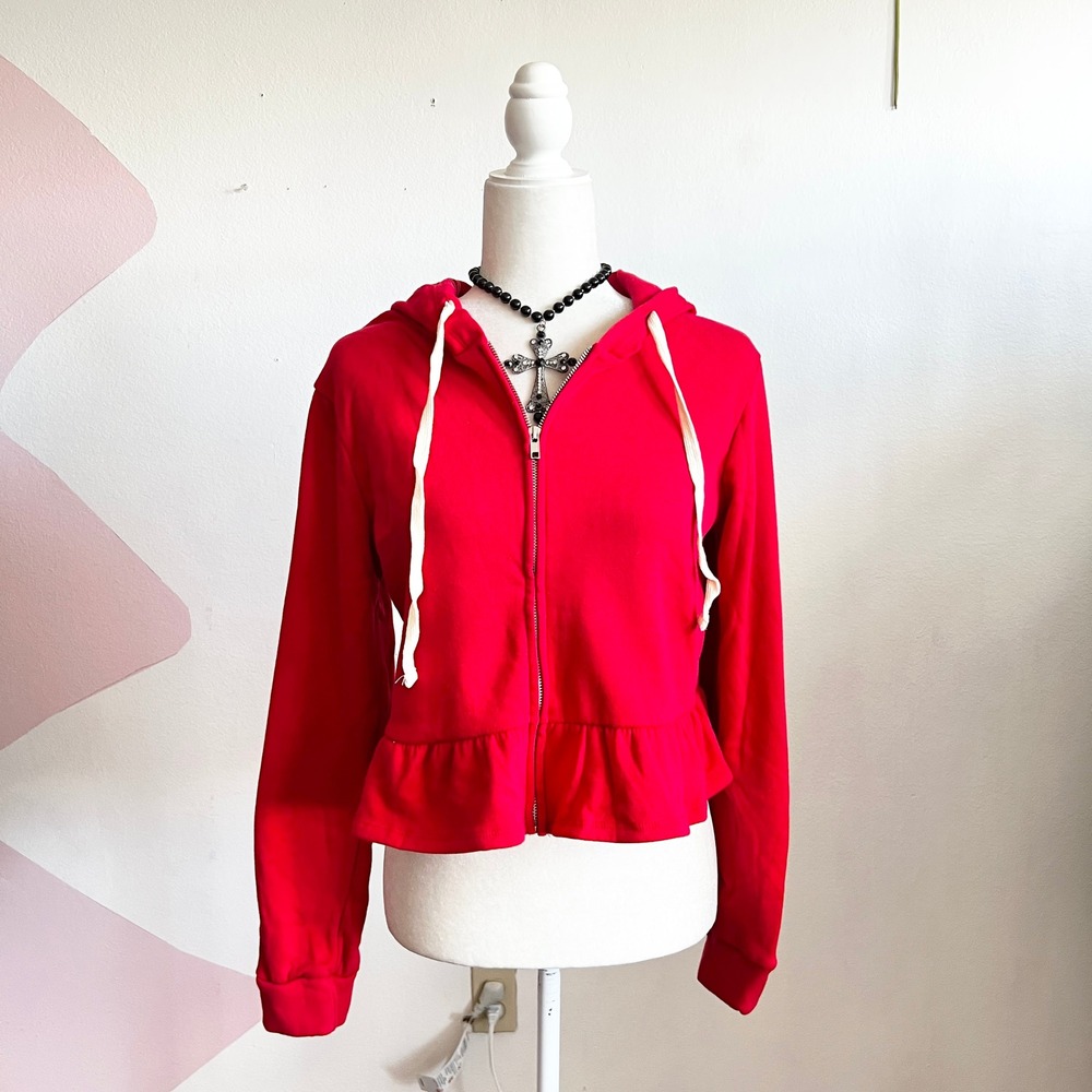 Red Ruffle Zip Up Sweater Vintage Inspired Retro Coquette Soft Girl Medium
